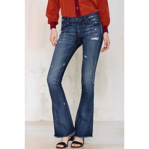 Blank NYC‎ Cosmic Flare Leg Jeans Womens Size 25 Blue Dark Wash Denim Distressed - Picture 1 of 13